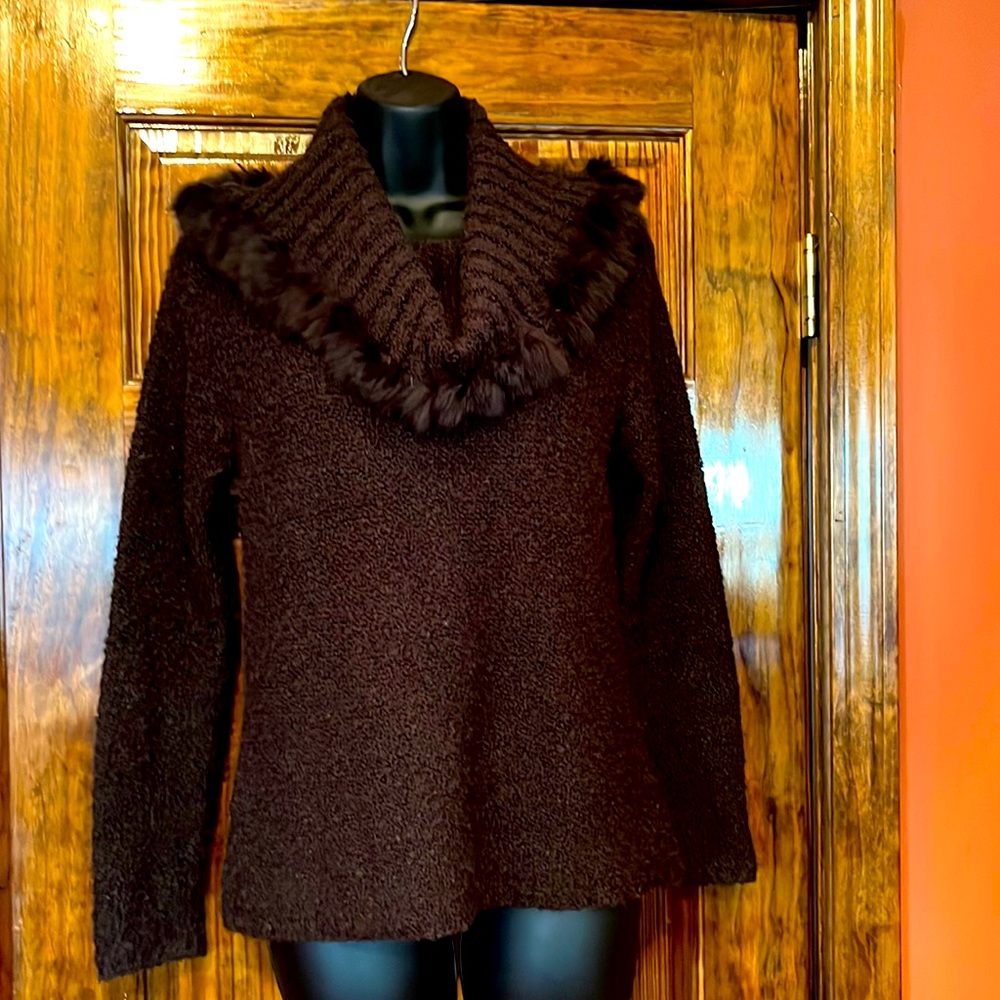 Chocolate Real Fur Trim Sweater
